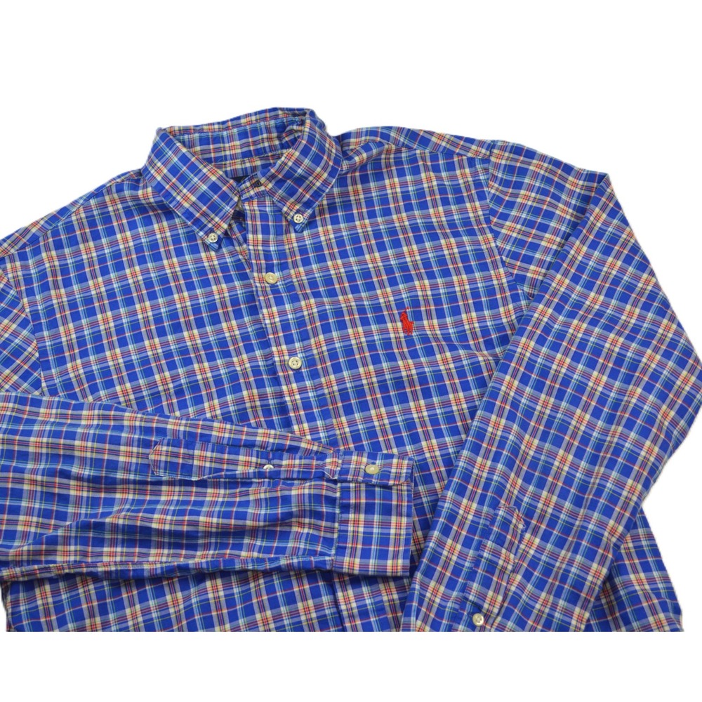Polo Ralph Lauren Mens Med. Blue Plaid Cotton Pony Button Down Shirt Long Sleeve